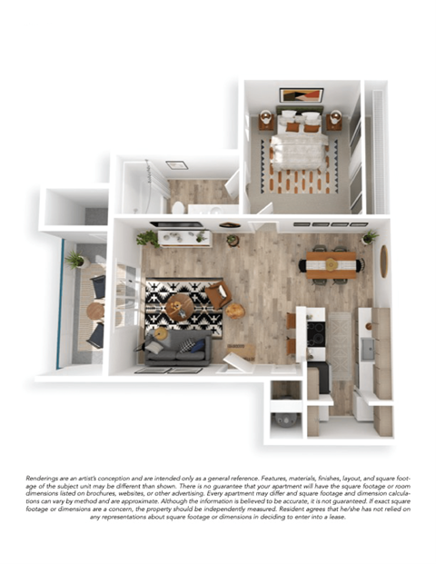 Floor plan for 1 bed, 1 bath, 625 sqft